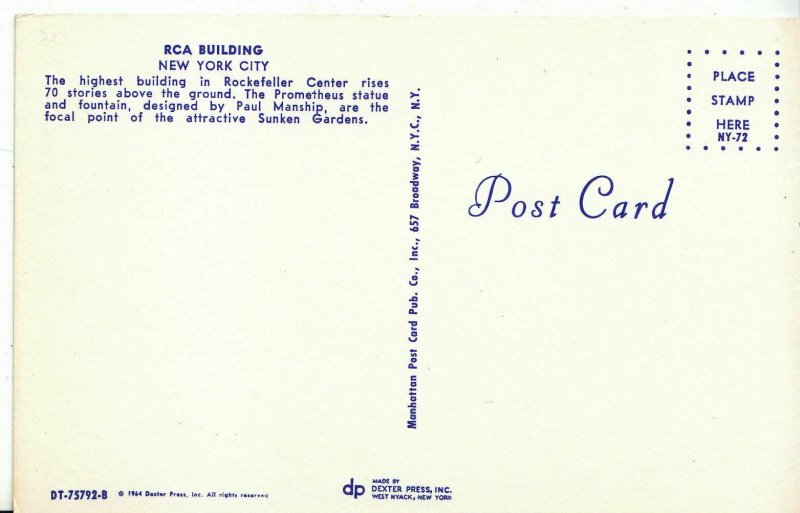 America Postcard - RCA Building - New York City - Highest Building   A232