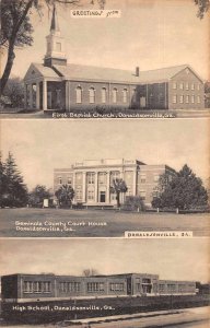 Donaldsonville Georgia Church, Court House, High School Postcard JH230744