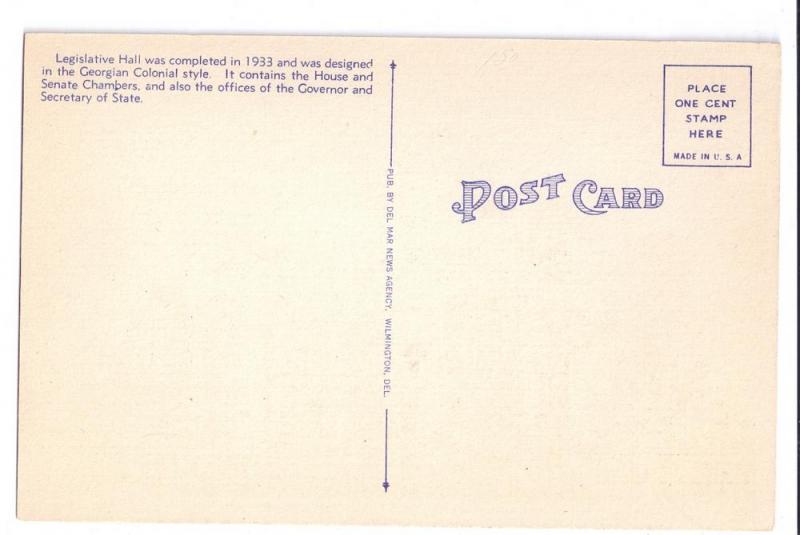 Legislative Hall Dover Delaware DE Vintage Linen Postcard