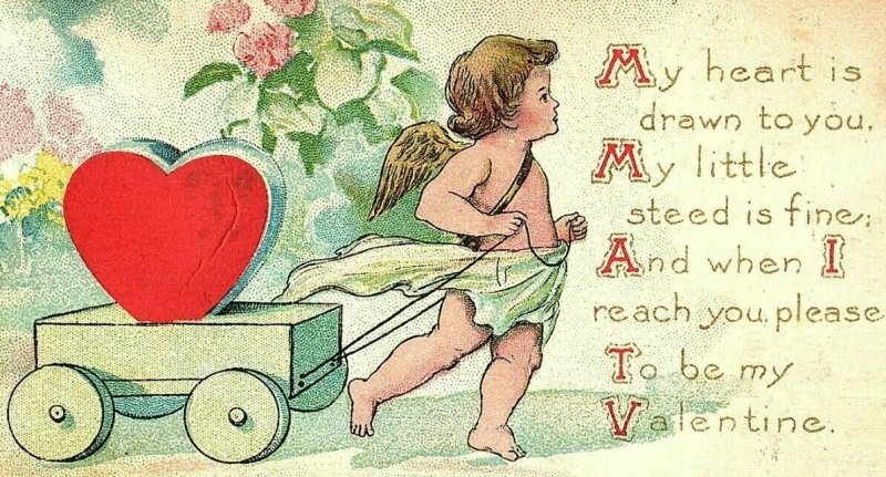 C.1910 Lovely Cupid Pulling Heart Cart Valentine Postcard P151