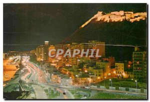 Postcard Modern Alicante Vista nocturna Castillo y Playa del Postiguet