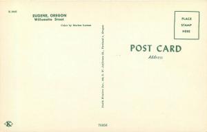 Vintage Postcard; Street Scene Eugene OR Downtown Willamette St Shops Signs Cars