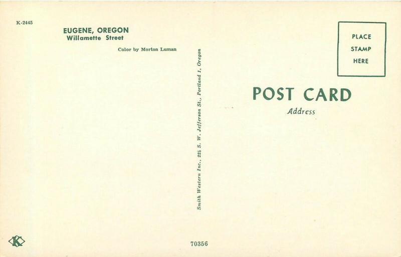 Vintage Postcard; Street Scene Eugene OR Downtown Willamette St Shops Signs Cars