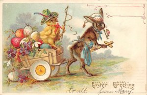 Easter Greeting, Rabbit Pulls Chick In Cart With Eggs, Vintage Postcard U17901