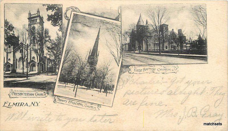 1904 Elmira New York Churches Presbyterian Episcopal Baptist postcard 11011 