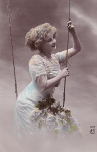 French Lady On Swing Antique Glamour Real Photo Postcard