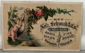 Antique Victorian Trade Card Selz Schwab Chicago Boots Cherub Angel Stork Look!!