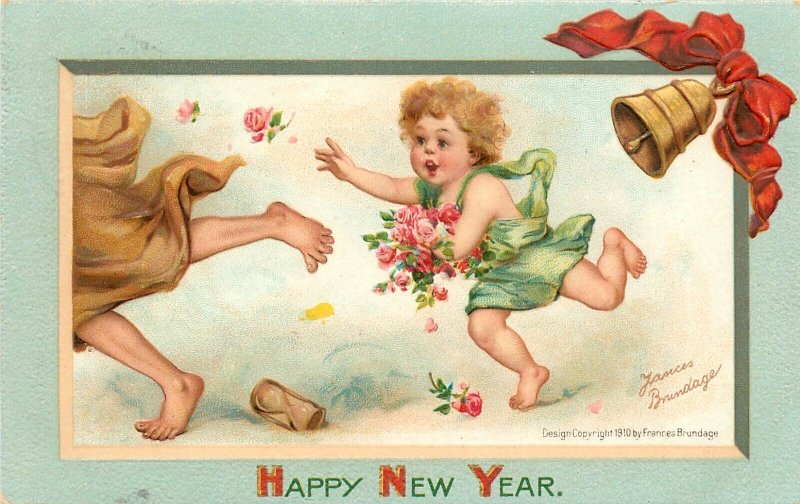 1910 Embossed New Year Postcard 300. Frances Brundage, Baby Chases Father Time