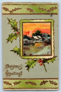 Simsbury Connecticut CT Postcard Christmas Greetings Holly Berries Gel Gold Gilt