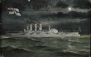 German Battleship at Night SMS Deutschland c1910 Vintage Postcard