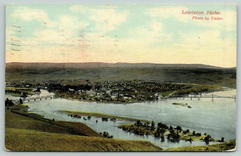 Lewiston Idaho~Birdseye Panorama Across River~Bridges~Vader Photo~1910 Postcard