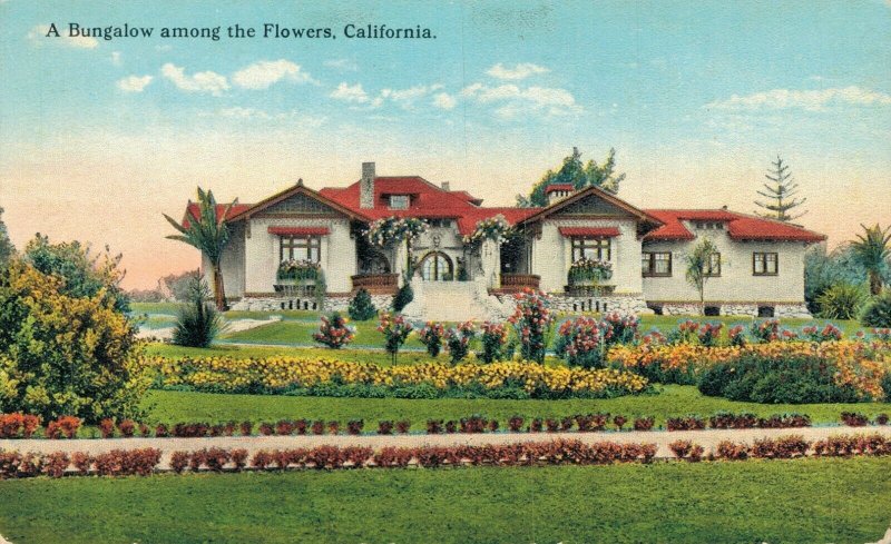 USA A Bungalow Among The Flowers California Vintage Postcard 07.84