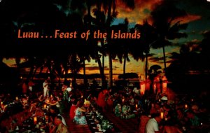 Hawaii Luau Feast of the Islands Queen's Surf Waikiki Chrome Postcard 08.85