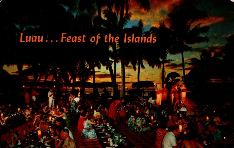 Hawaii Luau Feast of the Islands Queen's Surf Waikiki Chrome Postcard 08.85