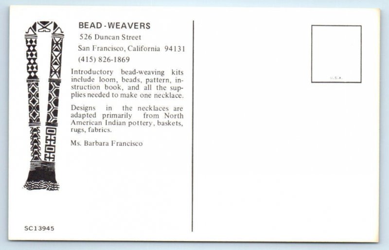 SAN FRANCISCO, CA ~ Advertising BEAD-WEAVERS 1960-70s Barbara Francisco Postcard