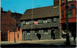 Main Street Paul Revere House Boston Massachusetts MA US Flag Postcard WOB Note 