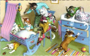 MAINZER Dressed Cats #4881 BABY KITTEN~CRADLE Anthropomorphic BELGIUM Postcard