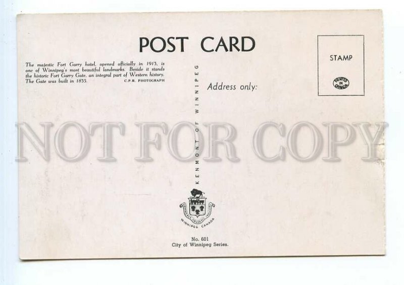 499083 CANADA city Winnipeg Manitoba Fort Garry Hotel Vintage Kenmont postcard