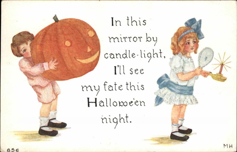 Halloween Boy Holds Big JOL Little Girl FA OWEN 856 c1910 Postcard