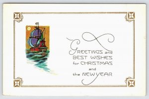 Christmas & New Year Greetings, Sailing Ship Embossed Postcard  P4