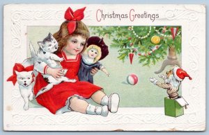 1915 JACK IN THE BOX CATS KITTENS TREE ORNAMENTS GIRL DOLL CHRISTMAS POSTCARD