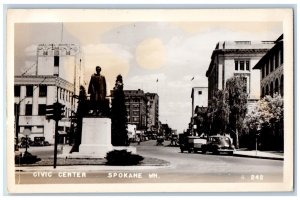 Spokane Washington WA Postcard RPPC Photo Civic Center Cars Statue Buildings