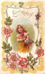 Vintage Postcard 1910 Loves Message Beautiful Girl with Scarf Flowers Greeting