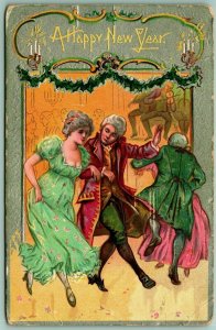 Traditional Dance Scene A Happy New Year Foiled Embossed UNP DB Postcard G12