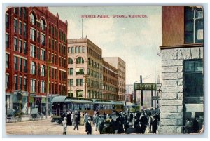 1908 Riverside Avenue Trolley Railway Crowd Building View Spokane WA Postcard