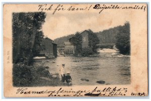 c1905 Waterfall Flood Boy and Girl Bridge View Sweden Posted Antique Postcard