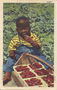 BLACK AMERICANA, Small Child with Basket of Strawberries, Teich Linen, Fruit