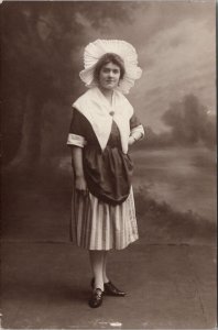 Young Woman Studio Photo Large White Bonnet Striped Skirt at Balham Postcard Z18