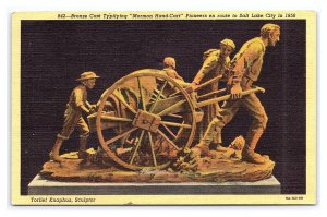 Bronze Cast Typifying Morman Hand Cart Salt Lake City Utah c1948 Postcard