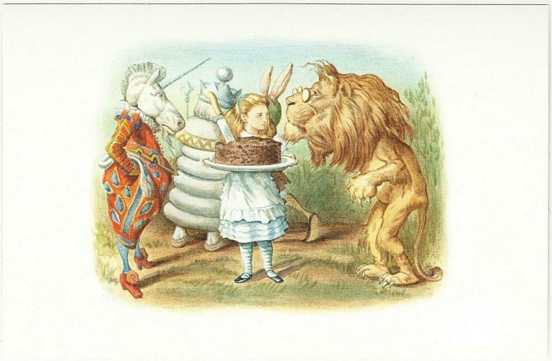 Alice in Wonderland Lion and Unicorn and Cake Postcard