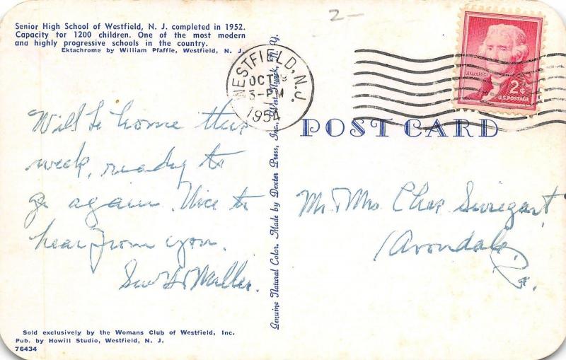 Westfield New Jersey~Senior High School~1954 Postcard