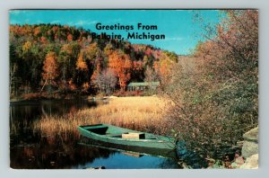 Bellaire MI- Michigan, Scenic Greetings, Boat On Lake, Vintage Chrome Postcard