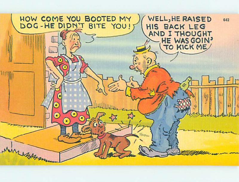 Unused Linen comic MAN BOOTS DOG IN THE BUTT o7970