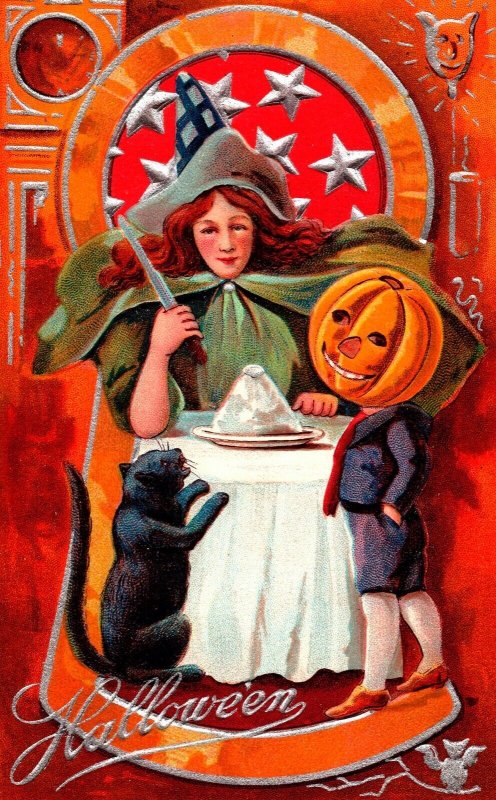 Vintage 1910's Witch, Knife, Cat, Dinner Table & Pumpkin Boy Halloween Postcard