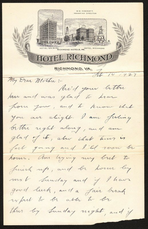 Hotel Richmond – 3 page letter on ornate letterhead with map on back – 1927