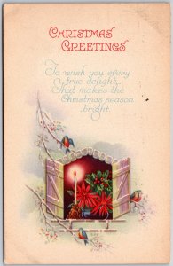 Christmas Greetings, 1926 Open Window with Candle, Poinsettias & Holly, Postcard