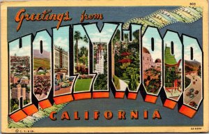 Linen Postcard Large Letter Greetings from Hollywood, California