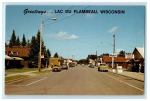 Greetings From Lac Du Flambeau Wisconsin WI, Cars Road Vintage Postcard