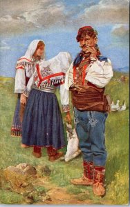 1910s European Farm Workers Traditional Dress Postcard