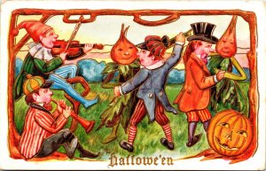 Vintage JOL,Pumpkin, Children, Dancing Elves, Violin, Trumpet Halloween Postcard