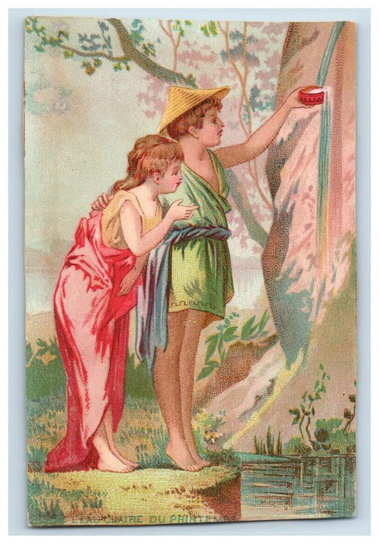 Lot of 2 Victorian Trade Cards Grecian Girls Water Fountain Flute W1