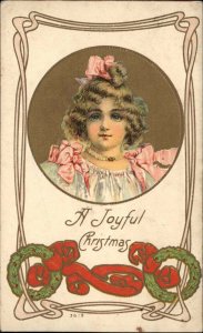 Christmas Pretty Little Blonde Girl with Pink Bow c1910 Vintage Postcard