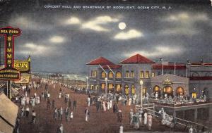 Ocean City New Jersey 1944 Postcard Concert Hall & Boardwalk by Moonlight