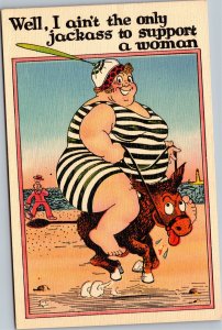 Postcard Comic Fat woman on donkey Well I aint the only jackass to support woman