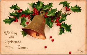 Christmas Cheer, Gold Bells Holly Wreath, Ellen Clapsaddle c1907 Postcard N75