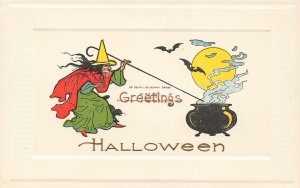 Halloween, Gibson No GIB21-2, Witch Cooking in a Cauldron, Bats Under Full Moon